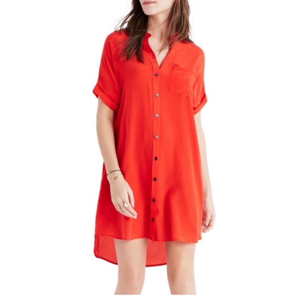 Madewell Red Silk Button Down Shirt Dress XS
